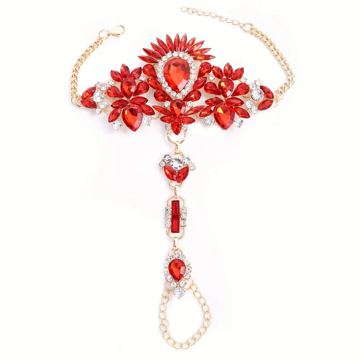 Product shot of The Empress barefoot sandals in brilliant red, featuring a gold-tone setting and a blue crystal accent on a white background.
