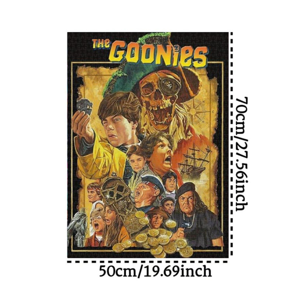 A vibrant wall poster for the movie 'The Goonies,' featuring a collage of the main characters, One-Eyed Willy's skull, a treasure map, and gold coins. The dimensions are shown as 50cm by 70cm.