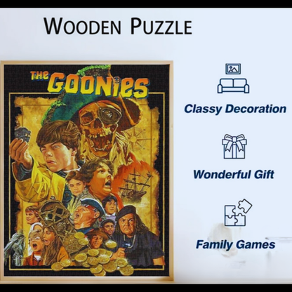 A framed wooden puzzle featuring the classic movie poster for 'The Goonies', displayed on a white shelf as a classy home decoration. Text on the image highlights it as a wonderful gift and a great family game.