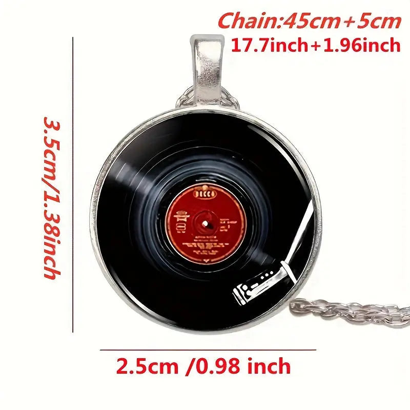 Vinyl record pendant with chain measurements on a white background