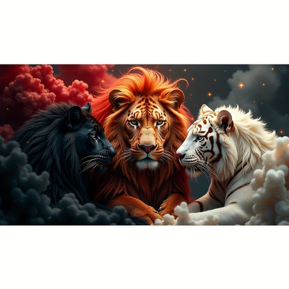 A striking fantasy art piece featuring a powerful orange-maned lion in the center, flanked by a majestic black lion and a beautiful white tiger, set against a dramatic, cloudy sky of red and dark blue.