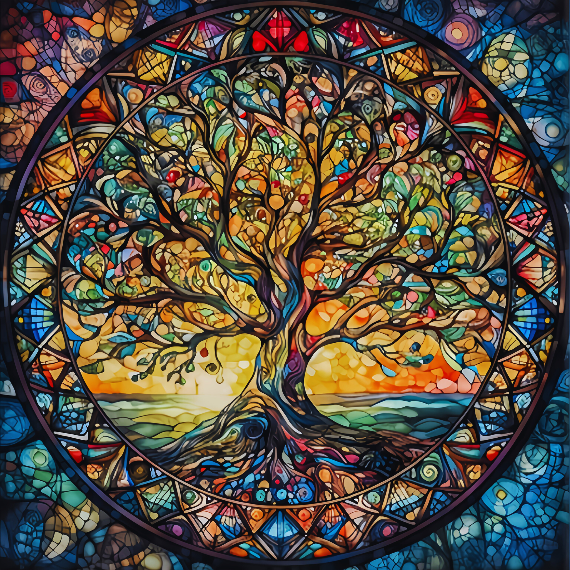 A completed diamond painting of the Tree of Life, depicted in a stunning, colorful stained-glass mosaic style. The circular artwork shows the tree's roots and branches interwoven against a warm sunset over the ocean.