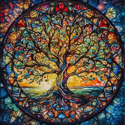 A completed diamond painting of the Tree of Life, depicted in a stunning, colorful stained-glass mosaic style. The circular artwork shows the tree's roots and branches interwoven against a warm sunset over the ocean.