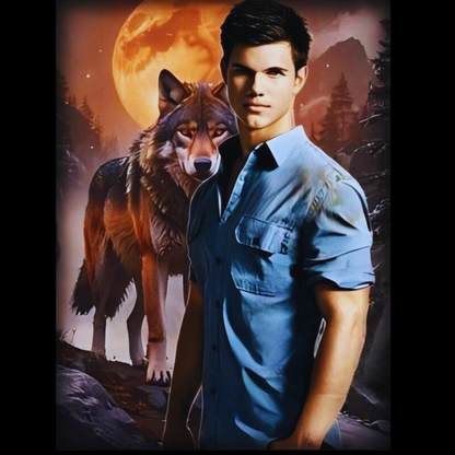 A diamond painting design featuring Jacob Black from Twilight, in a blue shirt, standing heroically in a moonlit forest, his magnificent wolf form behind him under a large, glowing full moon.