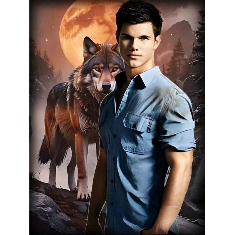 A diamond painting capturing the mystical connection between a man and his wolf spirit. The artwork depicts a handsome man in a blue shirt, his powerful wolf counterpart standing behind him in a forest illuminated by a full moon.